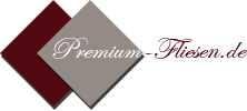 Logo von Premium-Fliesen mit stilisierten geometrischen Formen in Rot und Grau.