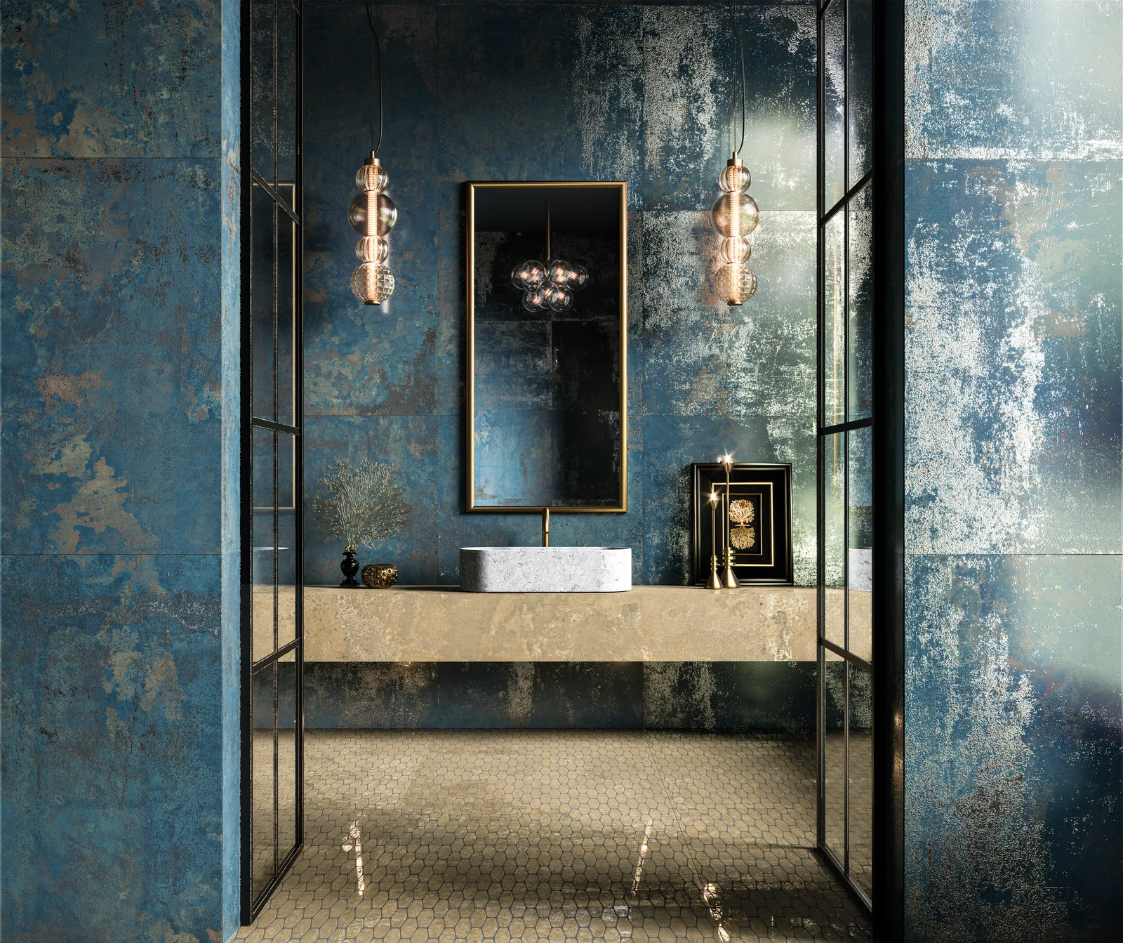 Aparici Illusion Sapphire und Brass Stamp – Badezimmer Ambiente