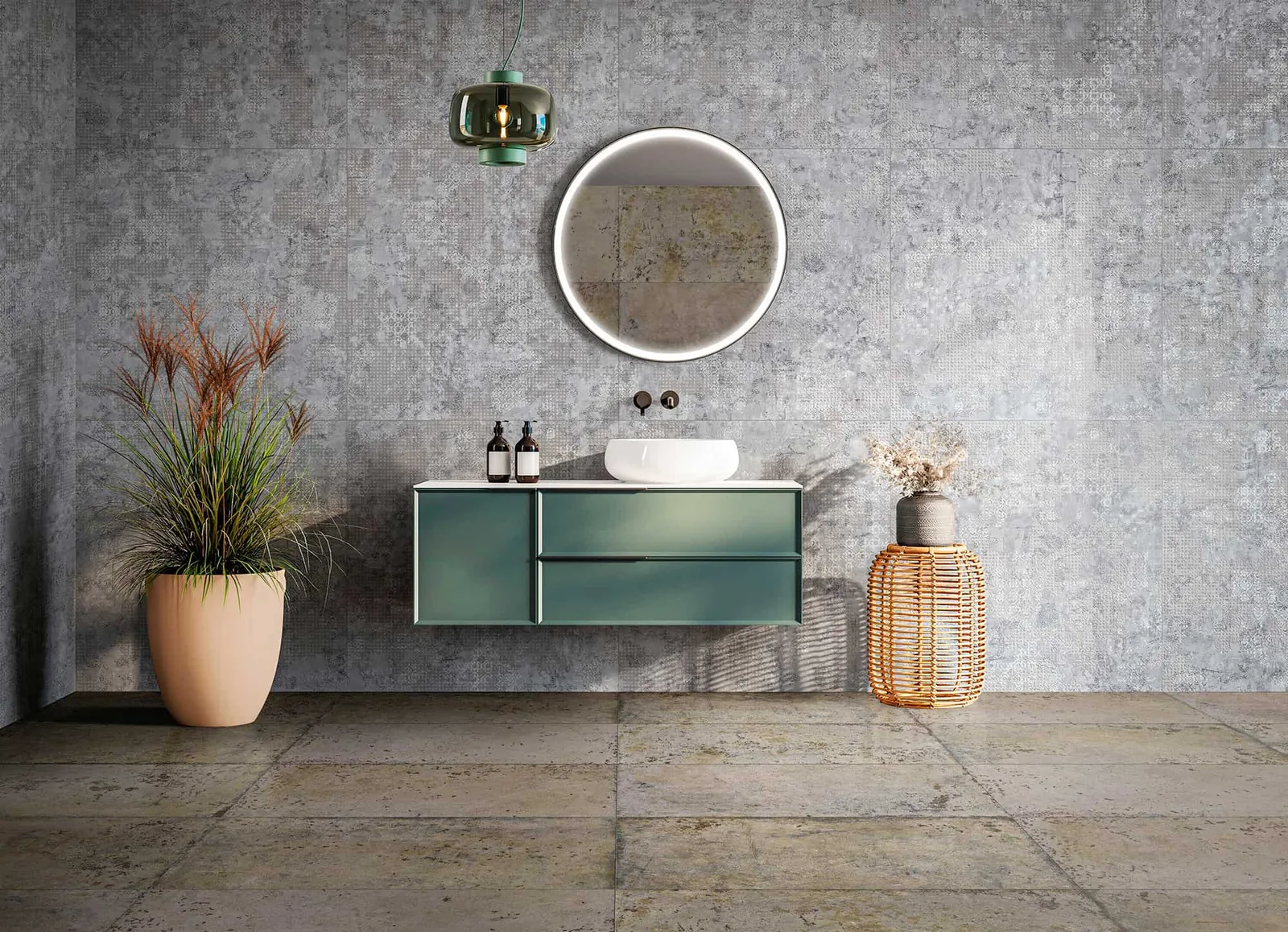 Aparici Rug Blue – modernes Badezimmer mit Textiloptik-Wand