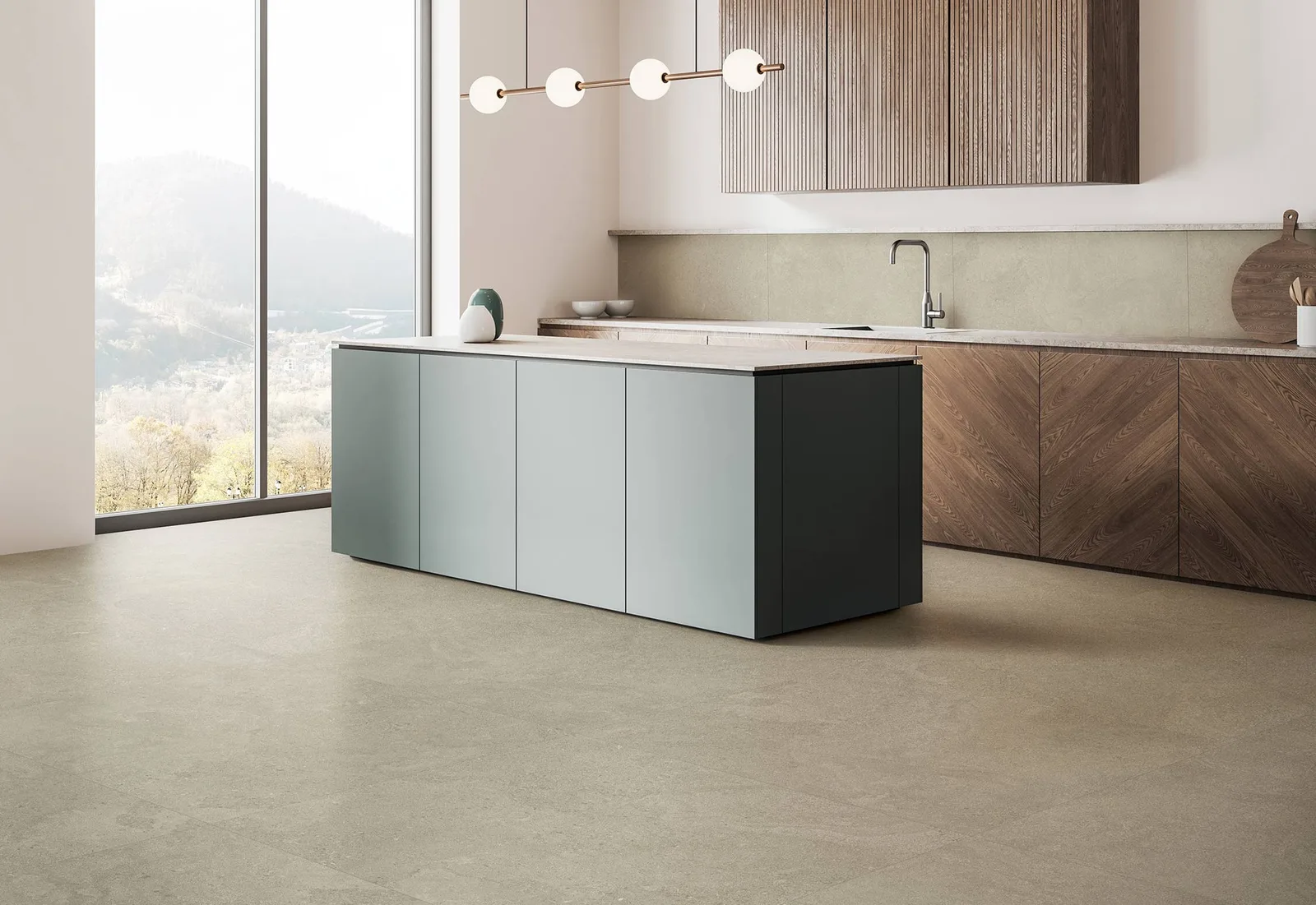 Aparici Tivoli – große minimalistische Küche in Travertin-Optik