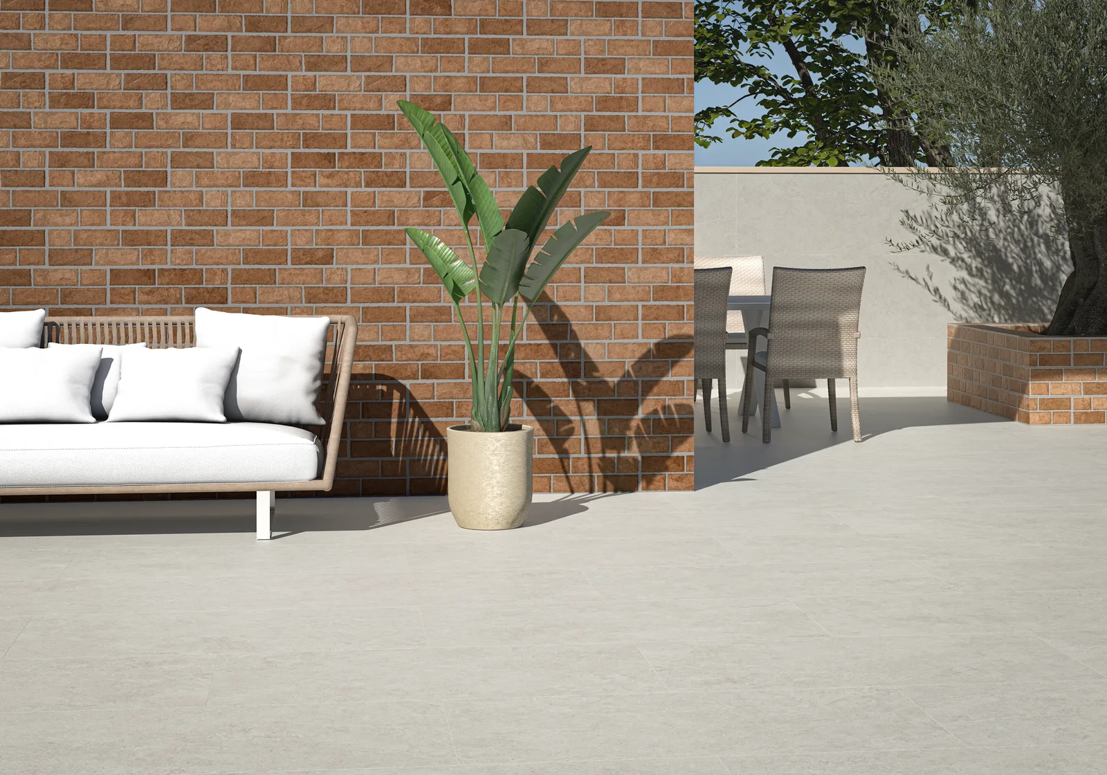 Ecoceramic Babilon Artic 60x120 kombiniert mit Calderona Cotto 17x52 – Wohnambiente