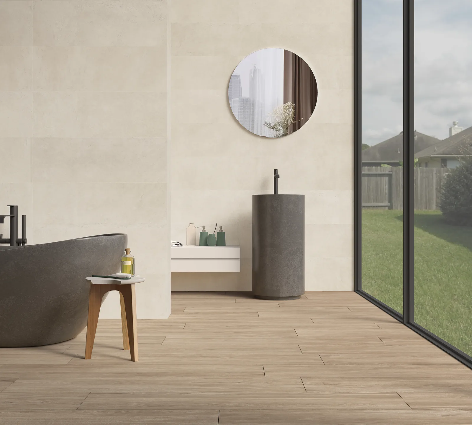 Ecoceramic Fika Maple 20x120 Holzoptik Ahorn kombiniert mit Capitol Hueso 30x90 Wandfliese