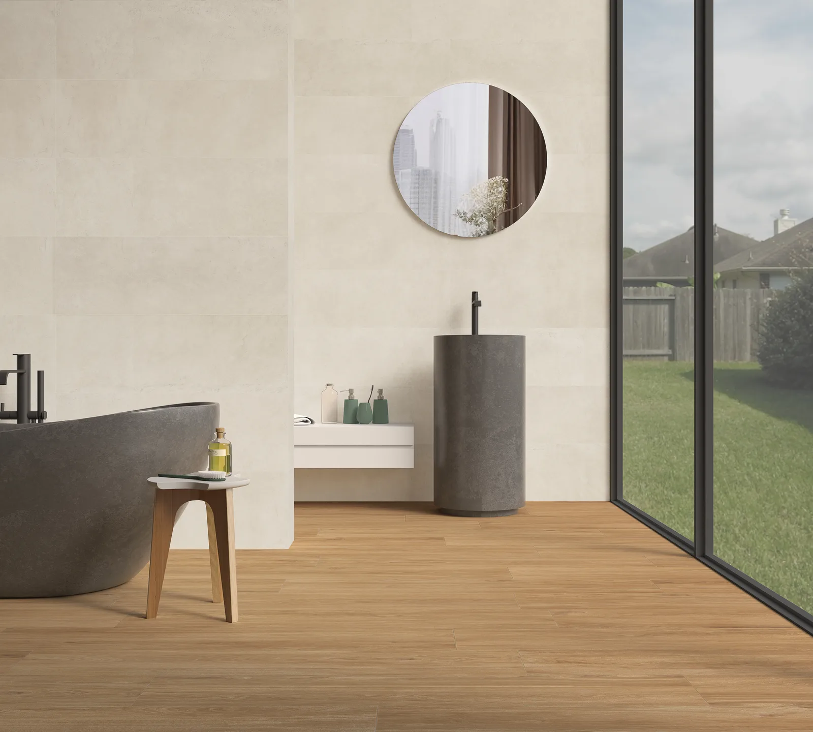 Ecoceramic Fika Natural 20x120 natürliche Holzoptik kombiniert mit Capitol Hueso 30x90 Wandfliese
