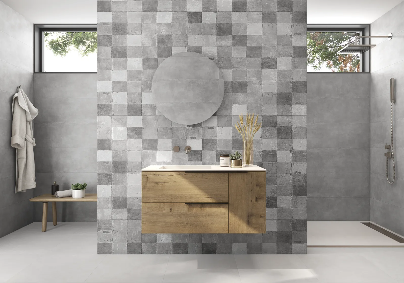 Ecoceramic Oyster – dekorative Wandfliesen in kühlen Tönen Ambiente