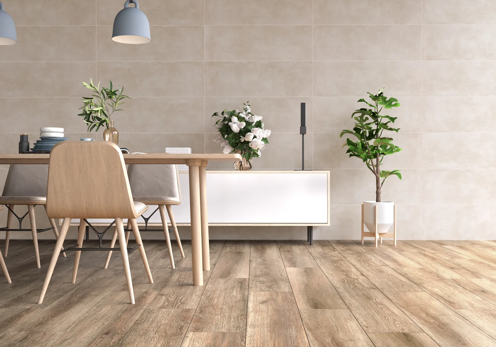 Ecoceramic Oyster Ivory kombiniert mit Borneo Taupe – Wandgestaltung Ambiente