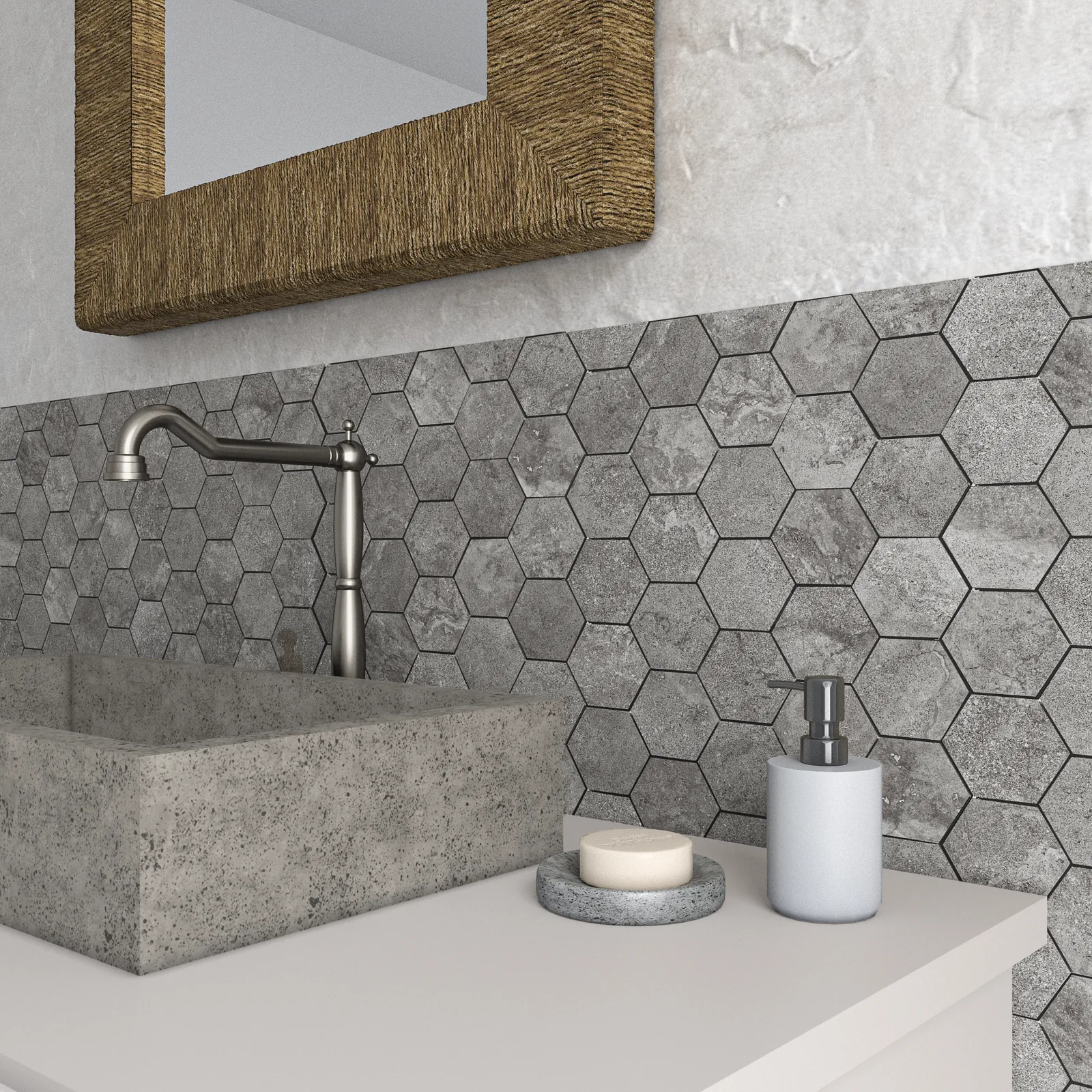 Ecoceramic Pietra Graphite – Hexagon-Mosaik in dunkler Steinoptik