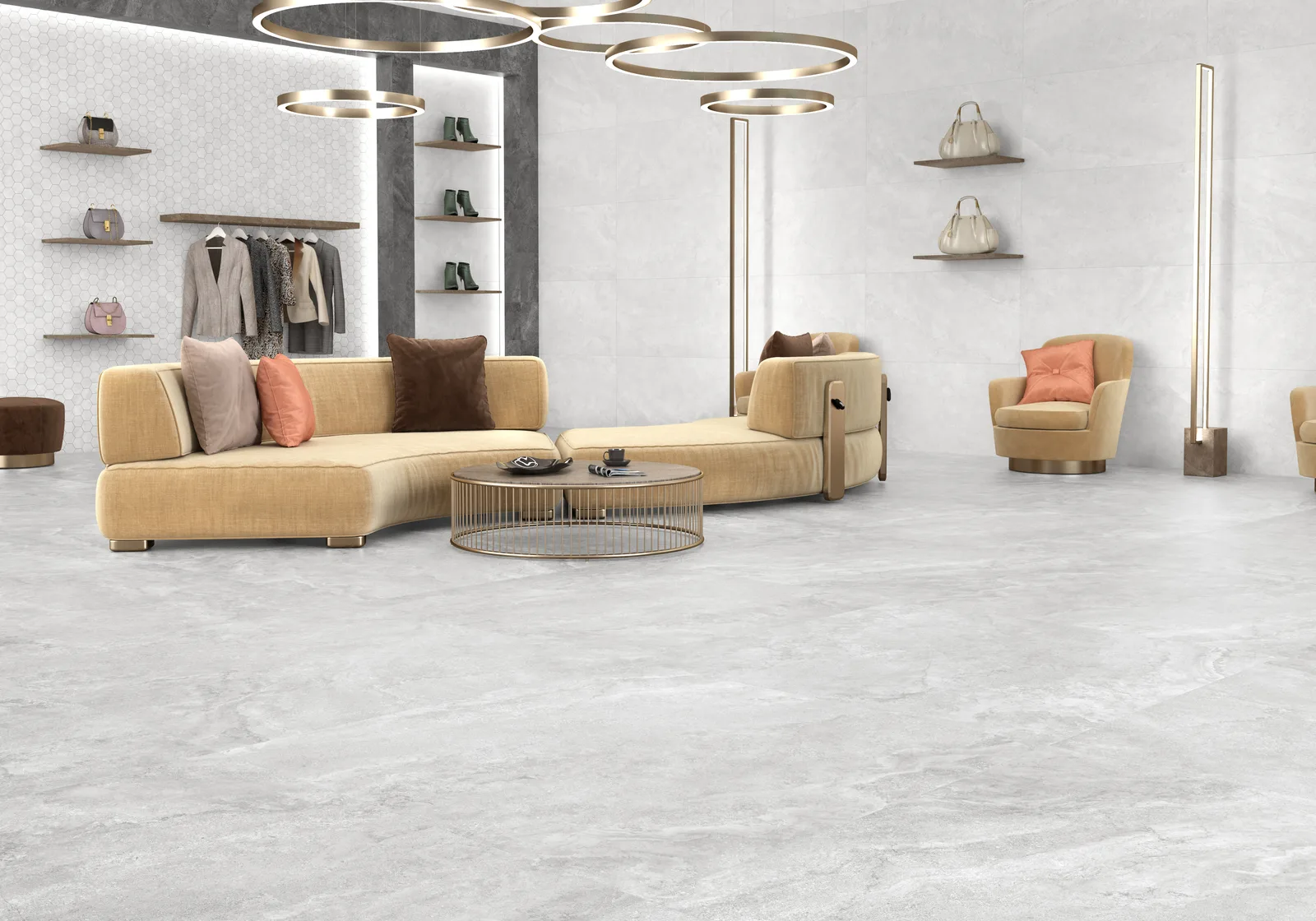 Ecoceramic Pietra Pearl 120x120 – helle perlfarbene Steinoptik Ambiente