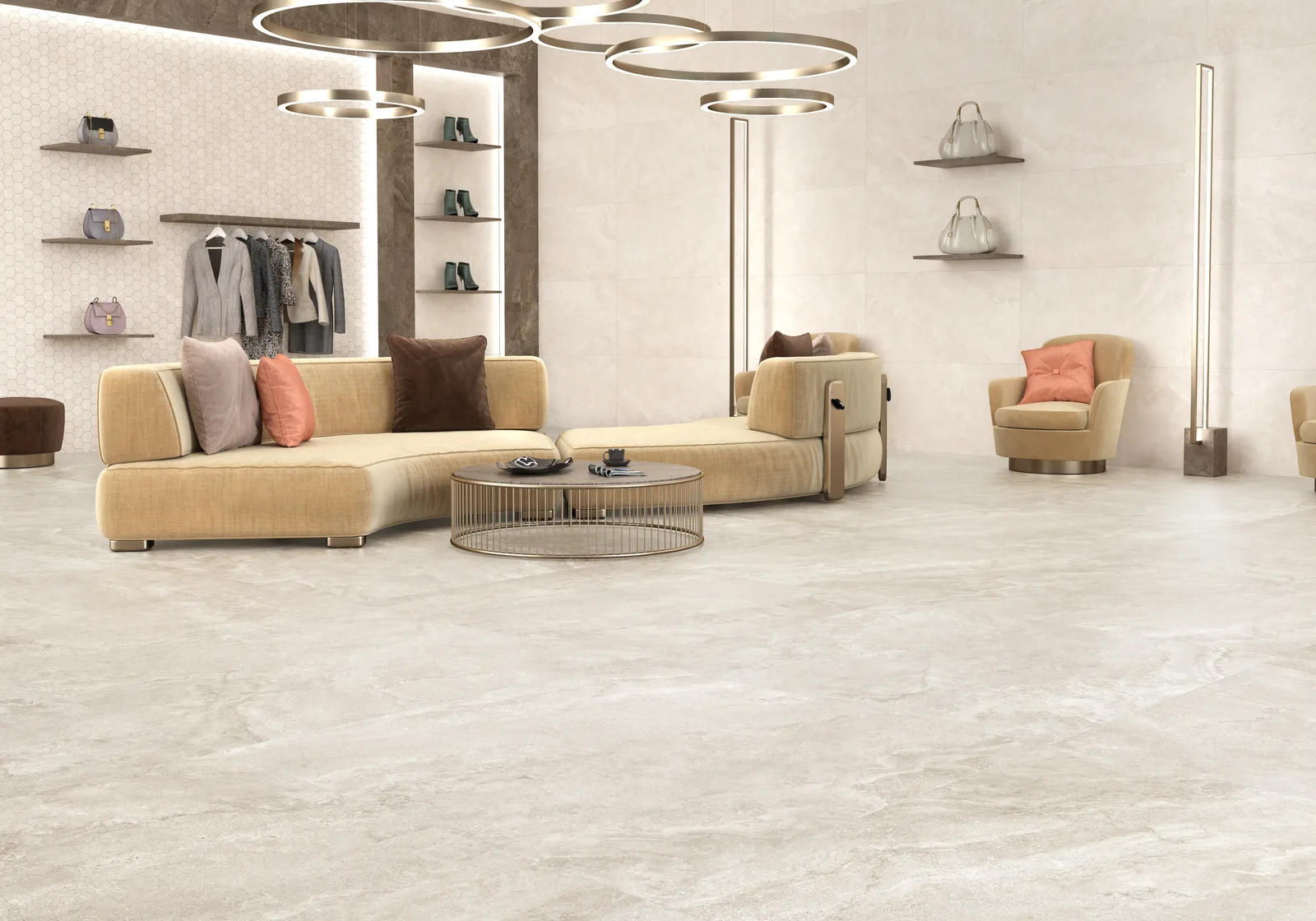 Ecoceramic Pietra Sand 120x120 – warme sandfarbene Steinoptik Ambiente