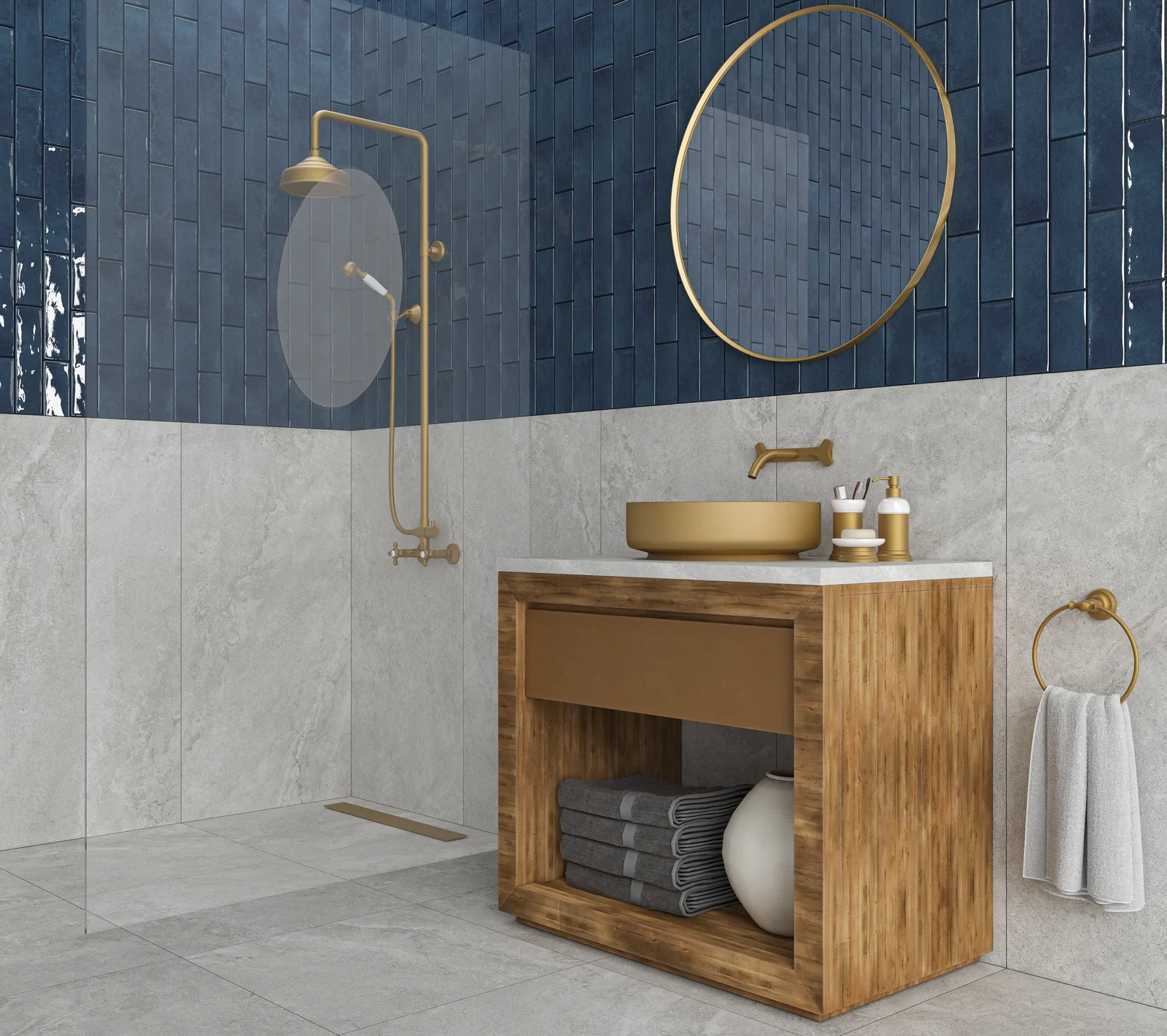 Ecoceramic Pietra Silver kombiniert mit Harlequin Lagoon – Wandgestaltung Ambiente