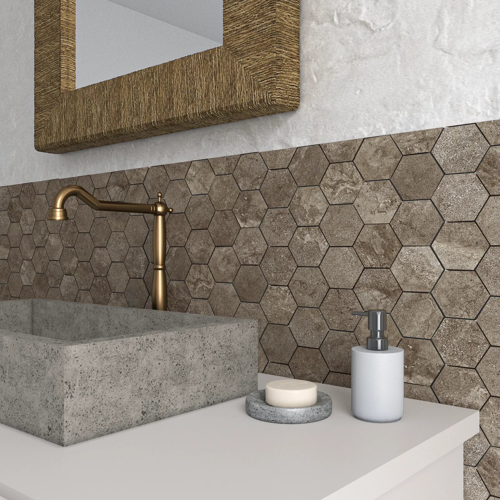 Ecoceramic Pietra Umber – Hexagon-Mosaik in warmer Steinoptik