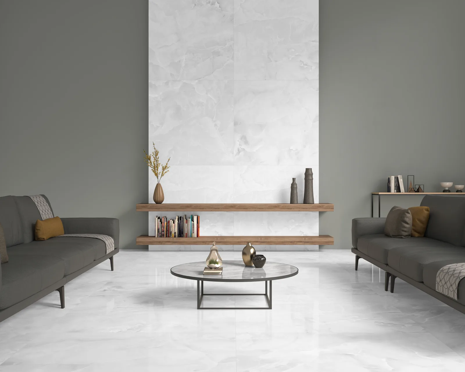 Ecoceramic Soller Blanco 120x120 – helles Wohnzimmer mit weißem Boden