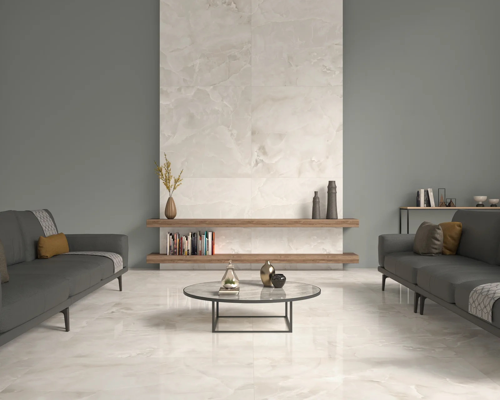 Ecoceramic Soller Marfil 120x120 – warmes Wohnzimmer mit elfenbeinfarbenem Boden