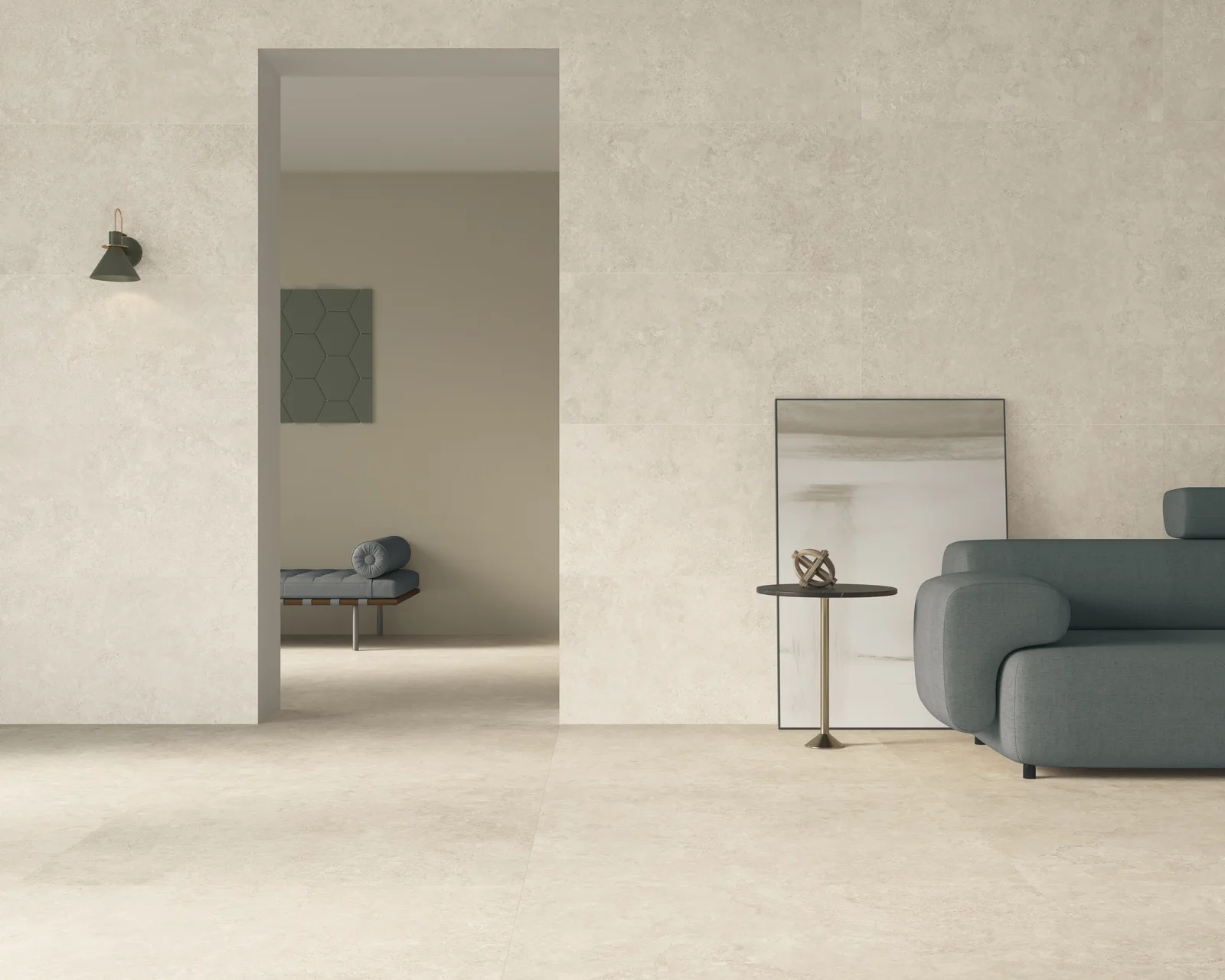 Ecoceramic Southwell Cross Bone – Travertin-Optik in zwei Formaten kombiniert