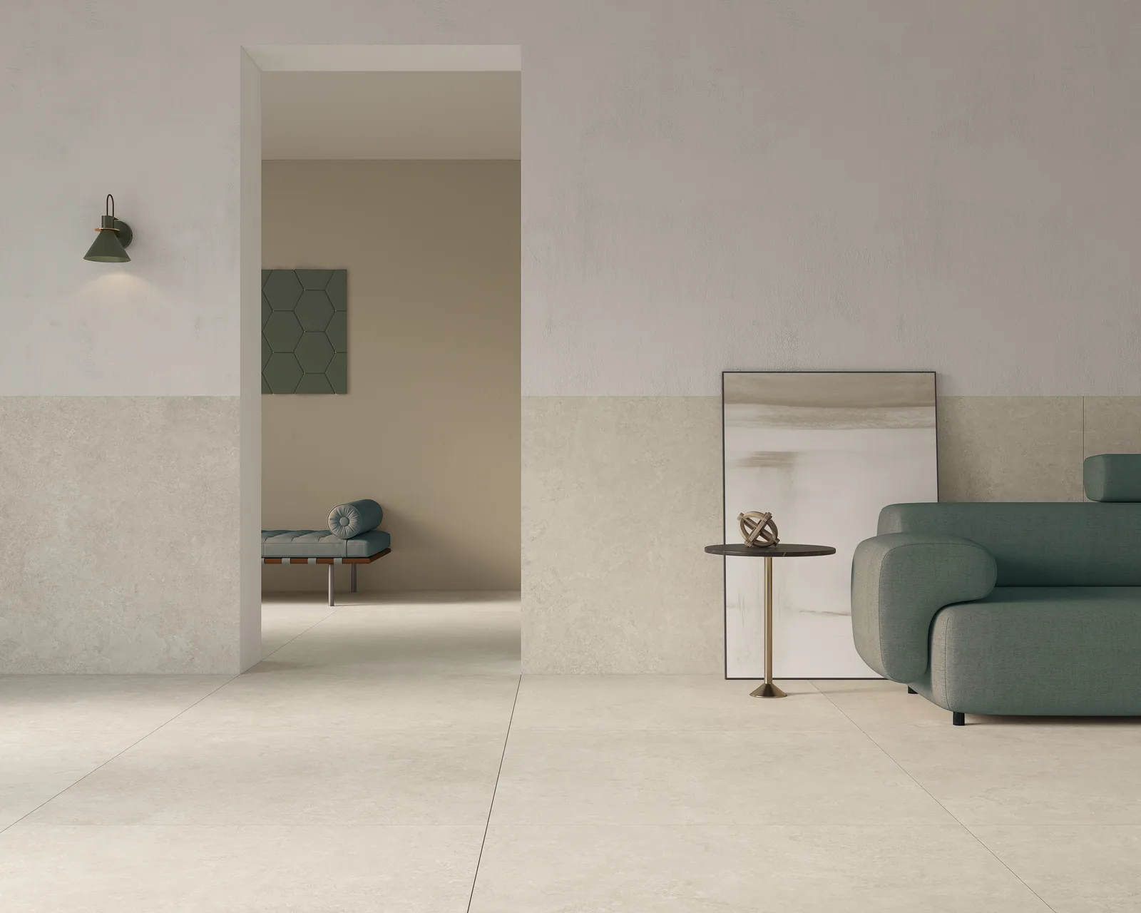 Ecoceramic Southwell Cross Bone 120x120 – beige Travertin-Optik Ambiente