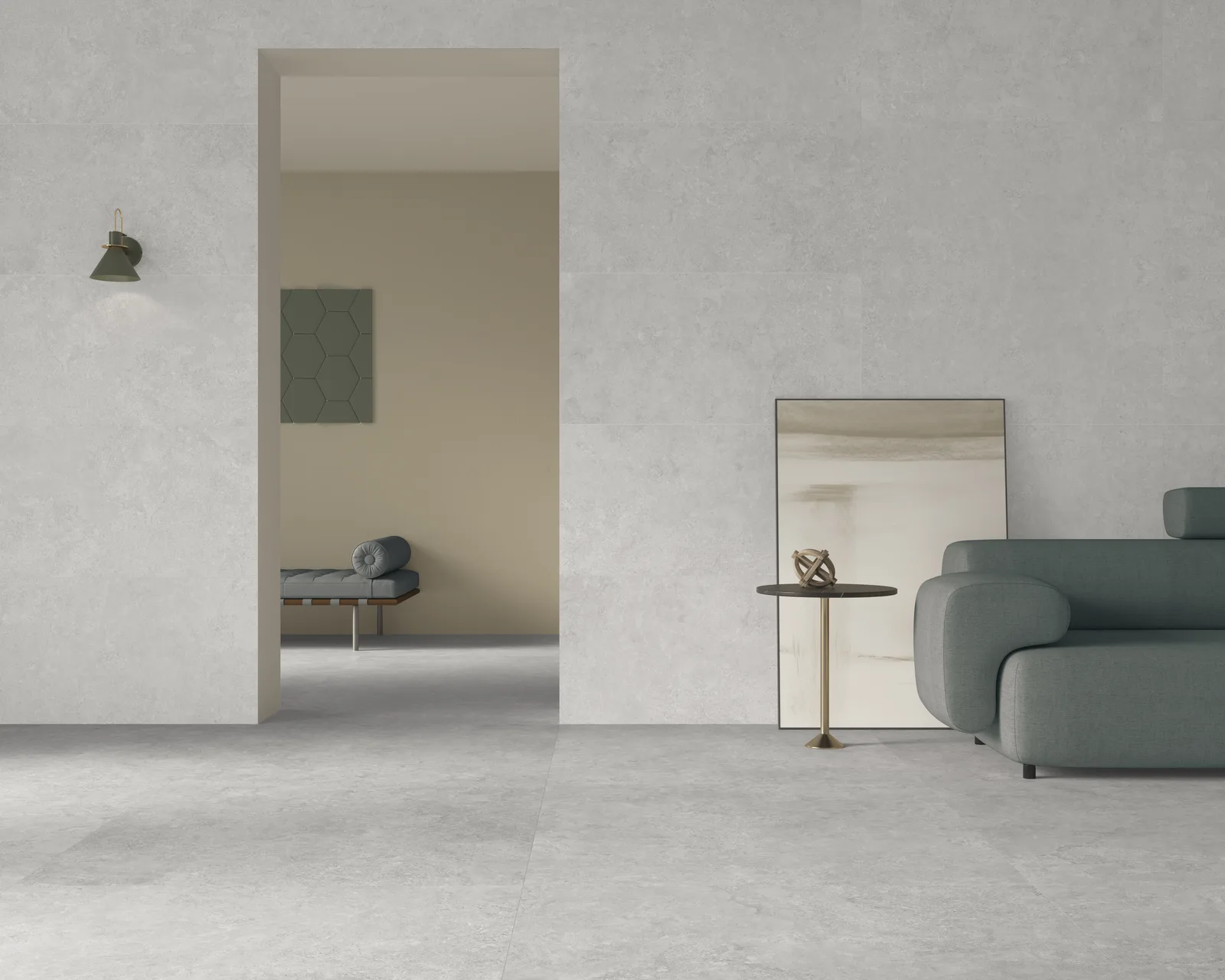 Ecoceramic Southwell Cross Pearl – Travertin-Optik in zwei Formaten kombiniert