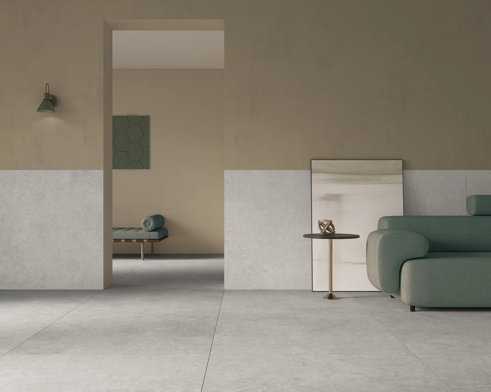 Ecoceramic Southwell Cross Pearl 120x120 – helle Travertin-Optik Ambiente