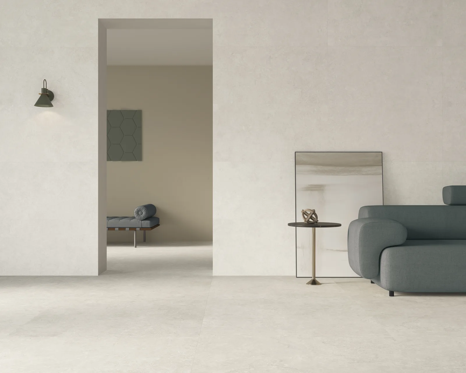 Ecoceramic Southwell Cross White – Travertin-Optik in zwei Formaten kombiniert