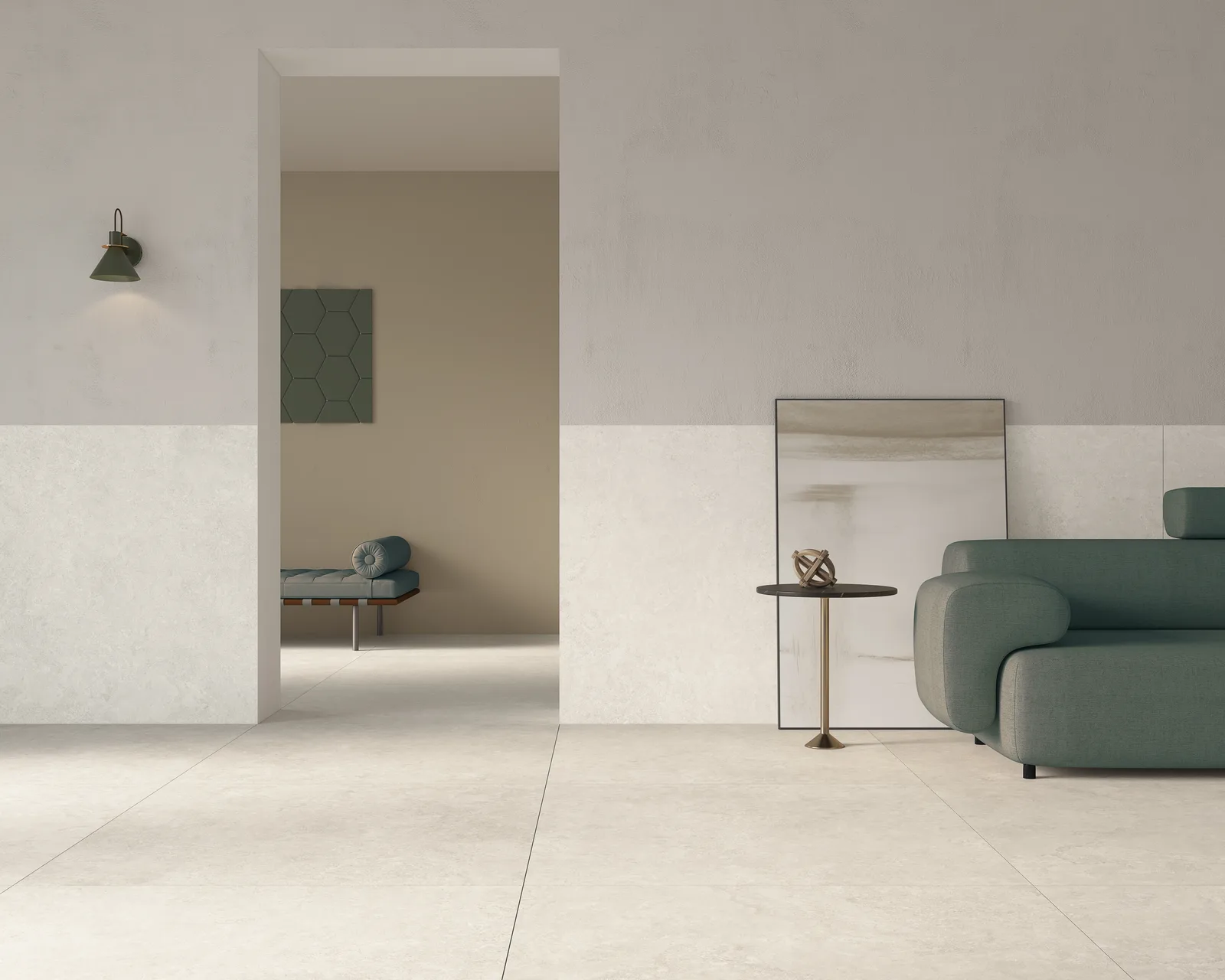 Ecoceramic Southwell Cross White 120x120 – weiße Travertin-Optik Ambiente