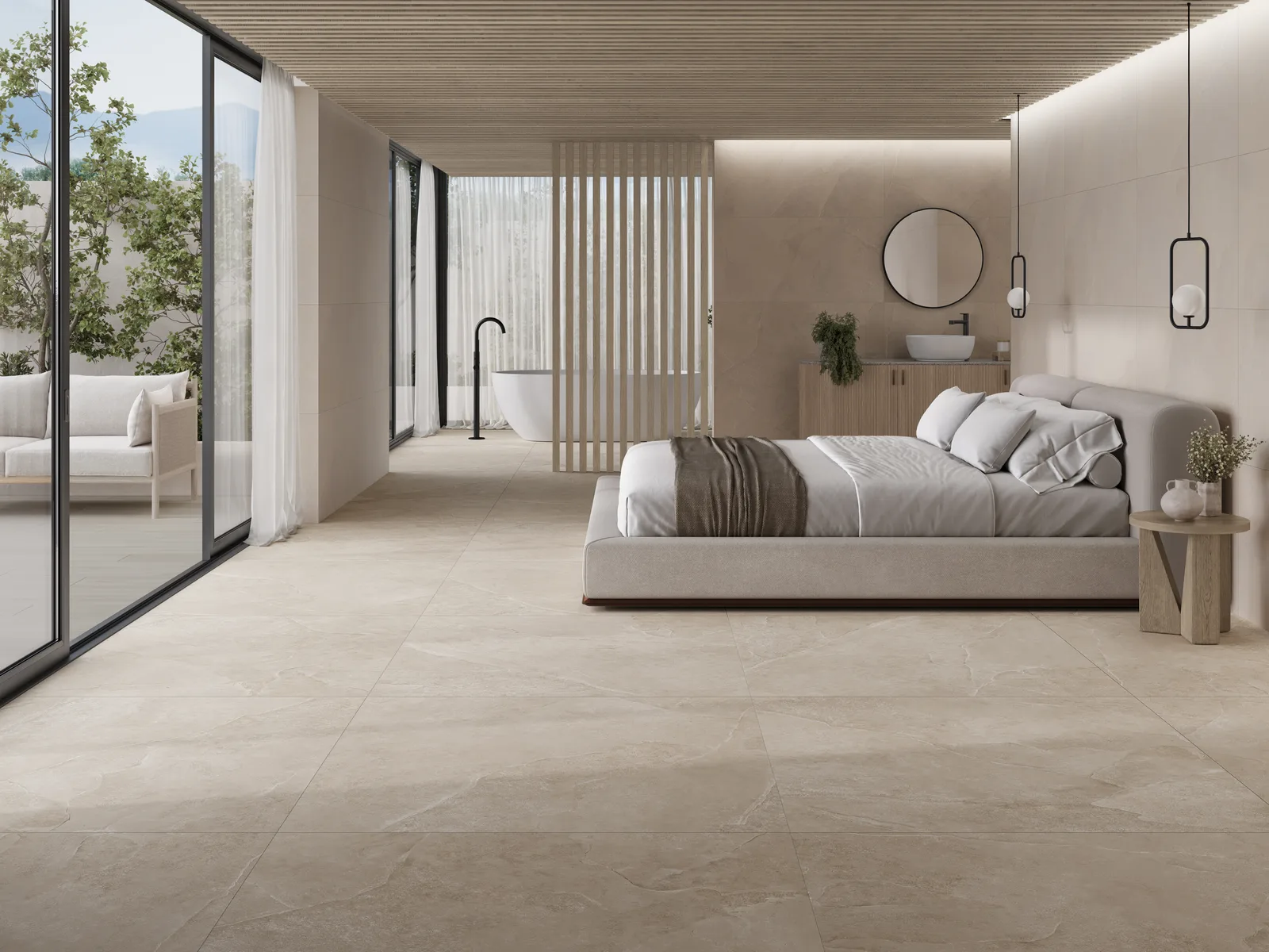 Ecoceramic Stone Cream kombiniert mit Fika Haya – Schlafzimmer