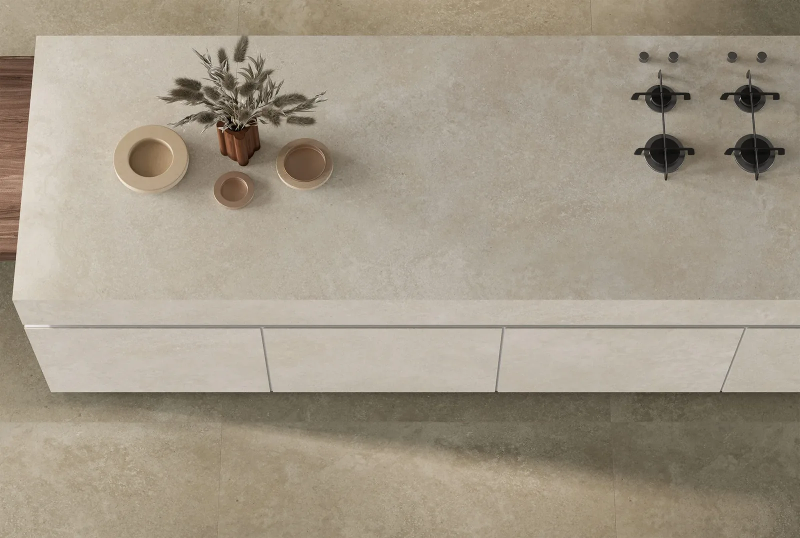 Energieker Nereidi Küche Almond 163x324 Großformat mit Umber Boden