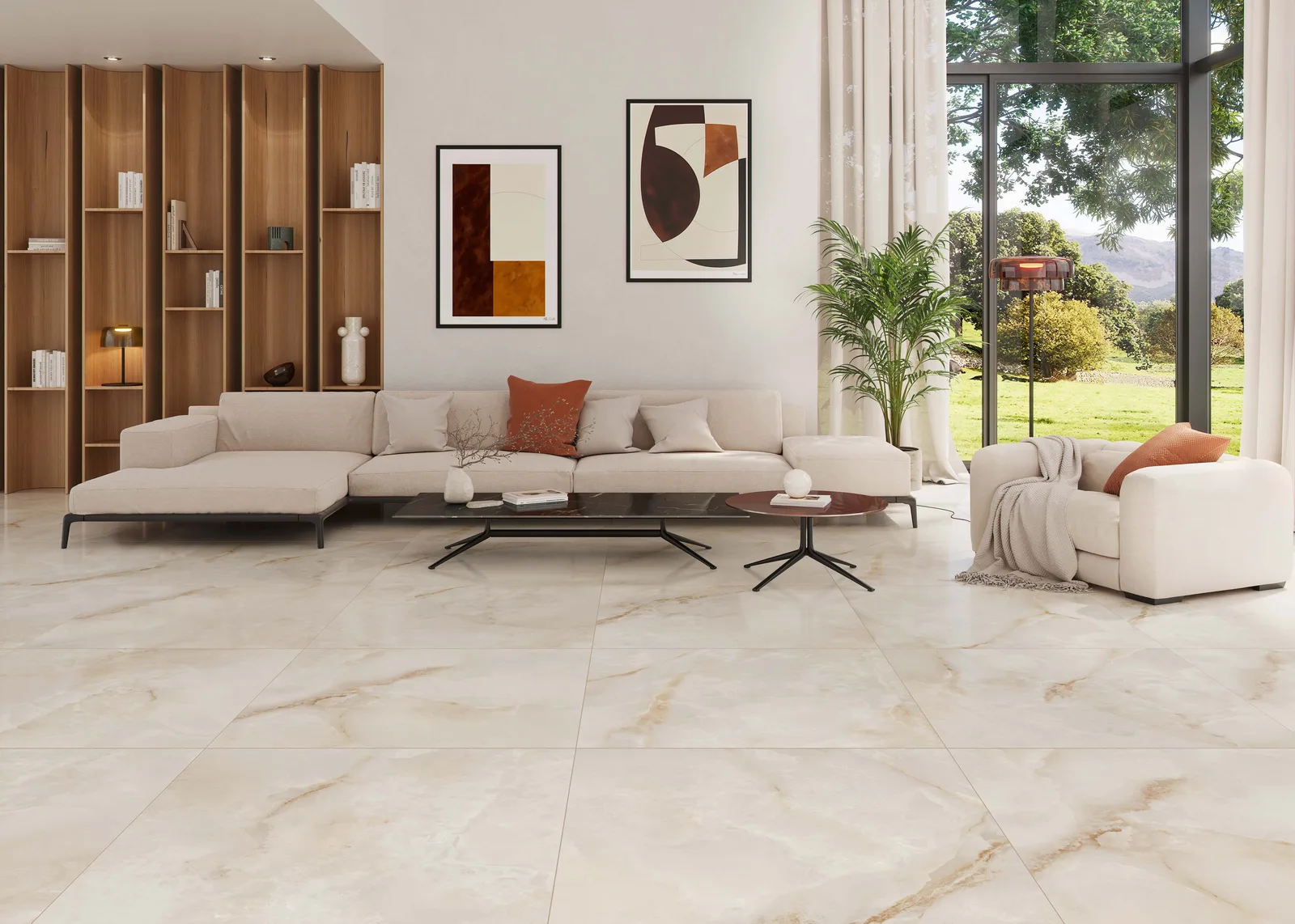KTL Orion Cream 100x100 satiniert – matte Onyx-Optik Ambiente