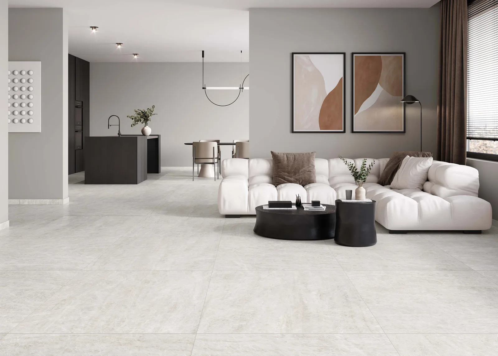 KTL Palace White 100x100 satiniert – weiße Naturstein-Optik Ambiente
