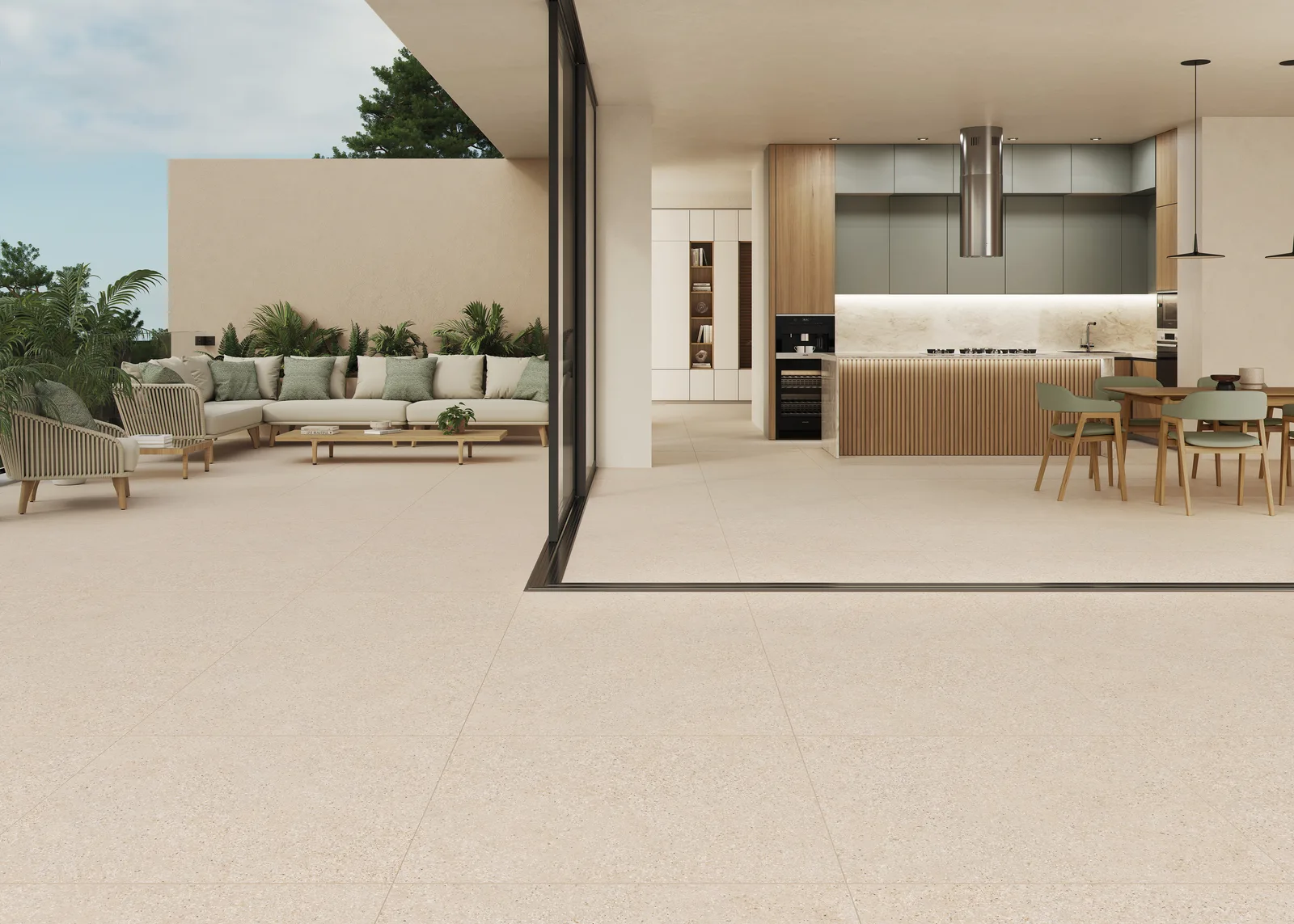 KTL Palermo Sand 100x100 – sandfarbene Terrazzo-Optik Ambiente