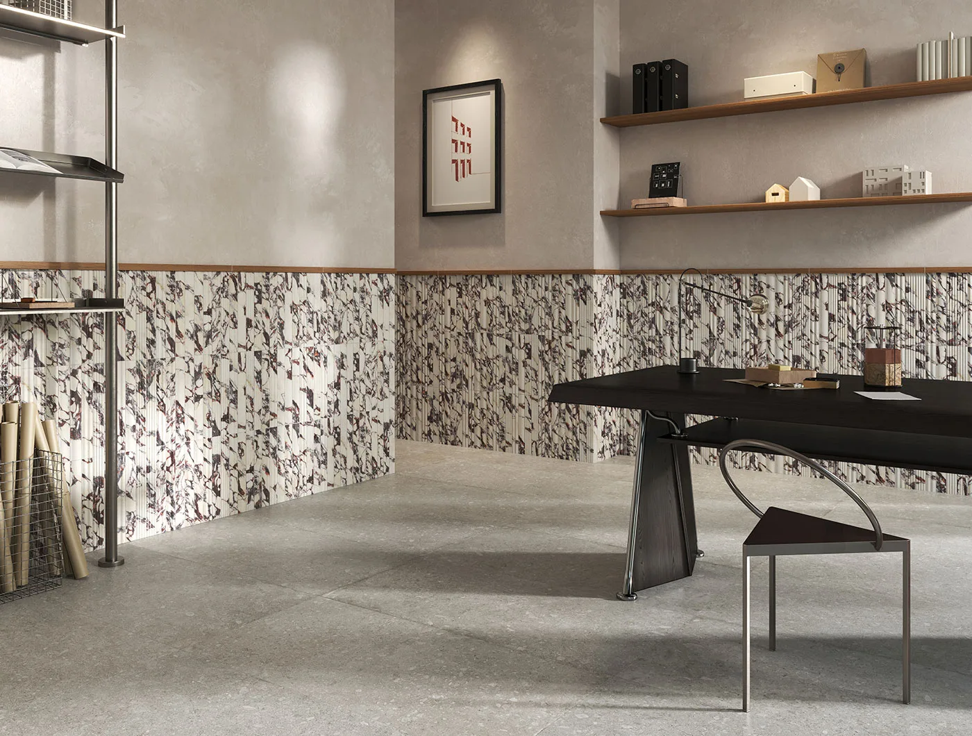 Sartoria Maximalista Calacatta Viola – violett geaderte Marmoroptik Ambiente