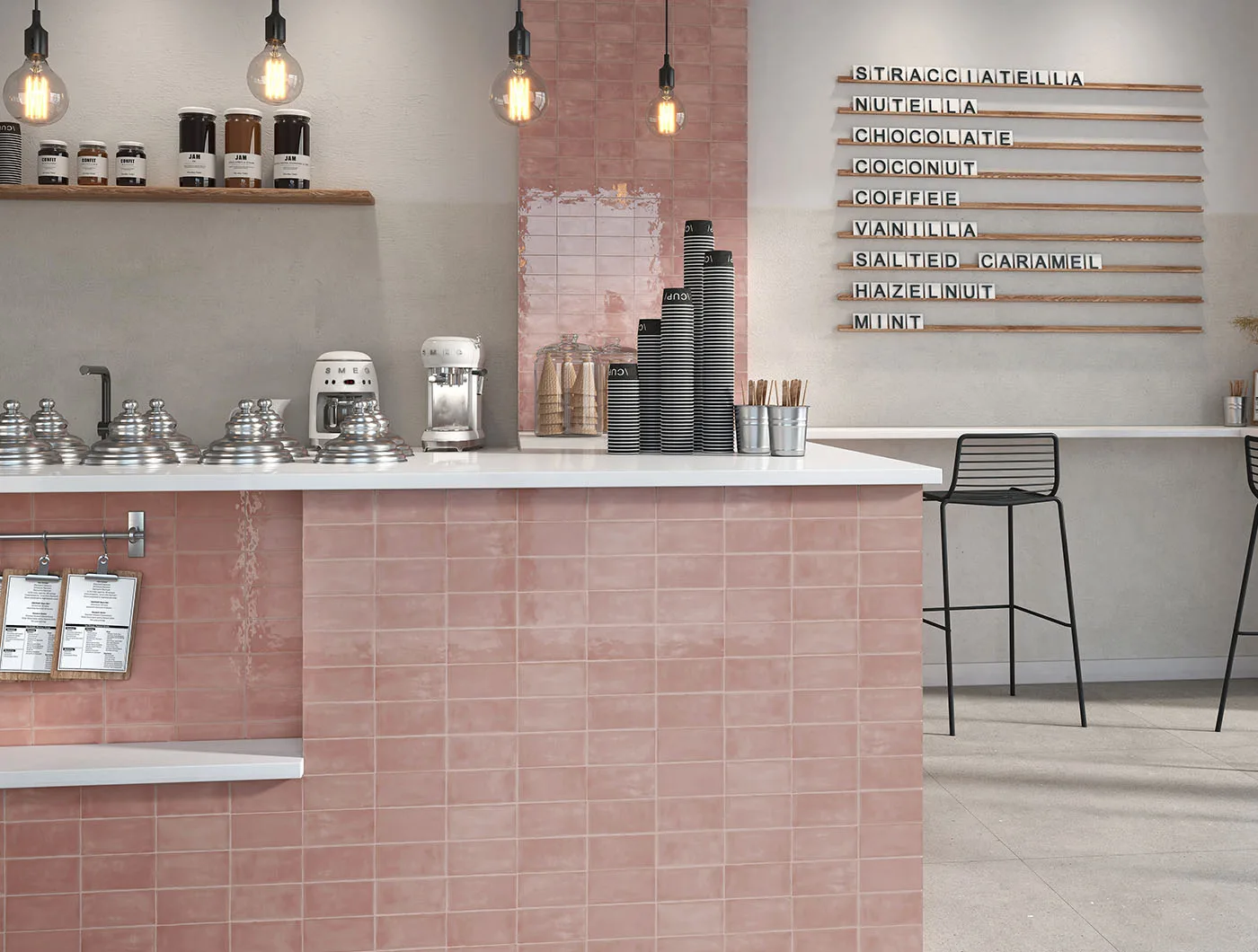 Sartoria Memorie Cipria – puderrosa glänzende Wandkeramik Ambiente