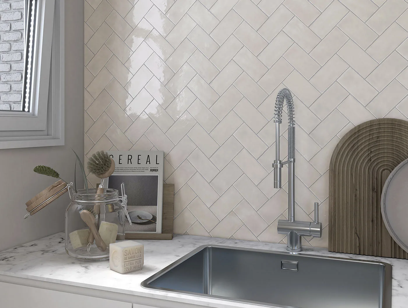 Sartoria Memorie Merletto – helle glänzende Wandkeramik mit Dekor Ambiente