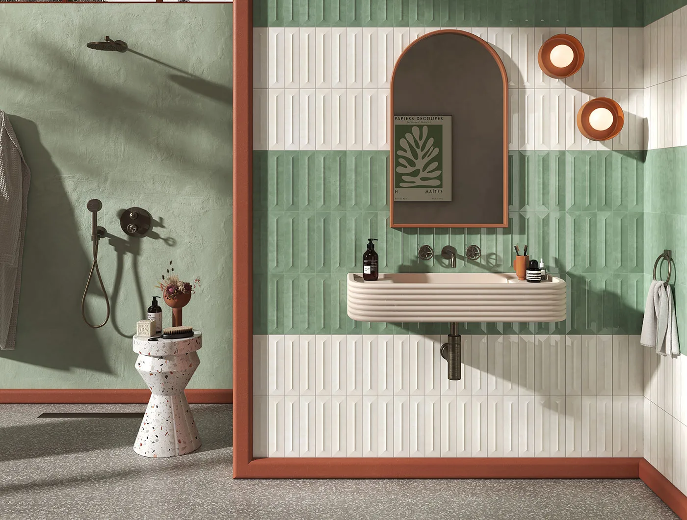 Sartoria Pop Latte und Verde Acqua – farbige Wandkeramik Ambiente