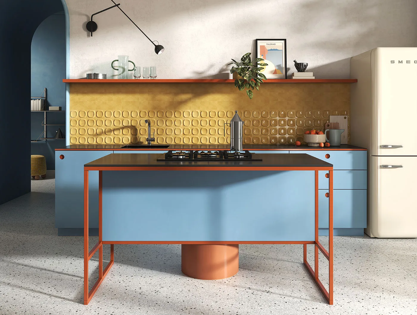 Sartoria Pop Ocra – ockerfarbene Wandkeramik Ambiente