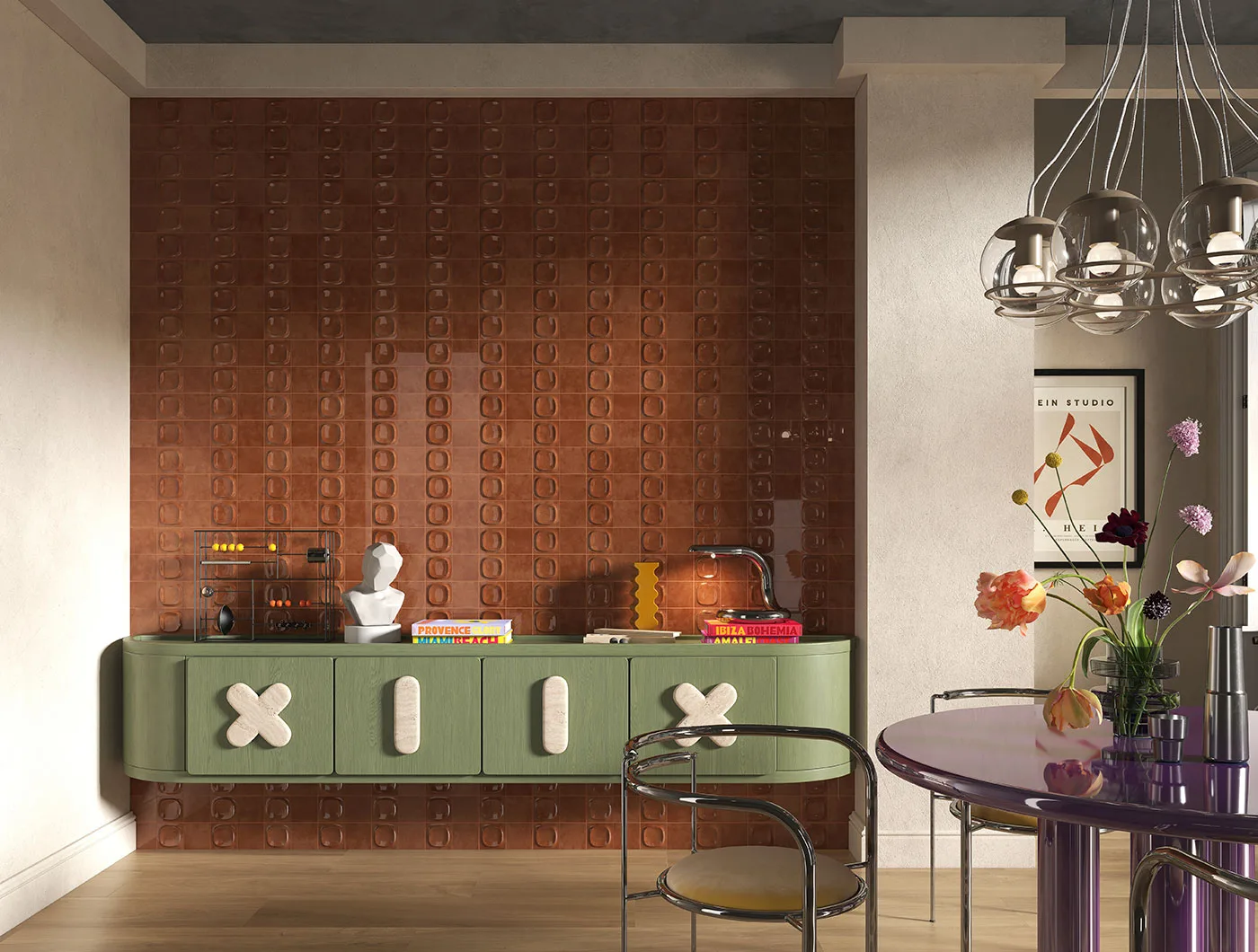 Sartoria Pop Terra Groovy – dreidimensionale terrafarbene Wandfliese Ambiente