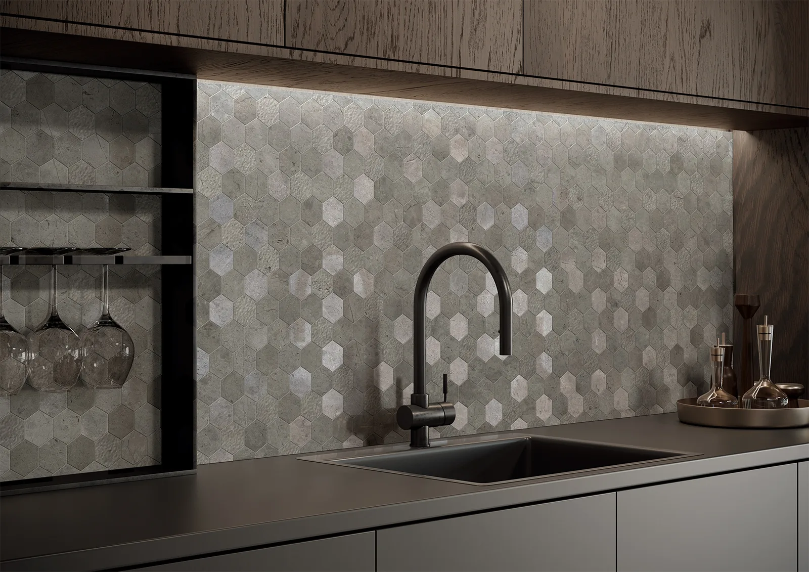 Tagina Pietra d'Orvieto – Tagina Pietra D Orvieto ambientazione backsplash Cenere mosaico esagona