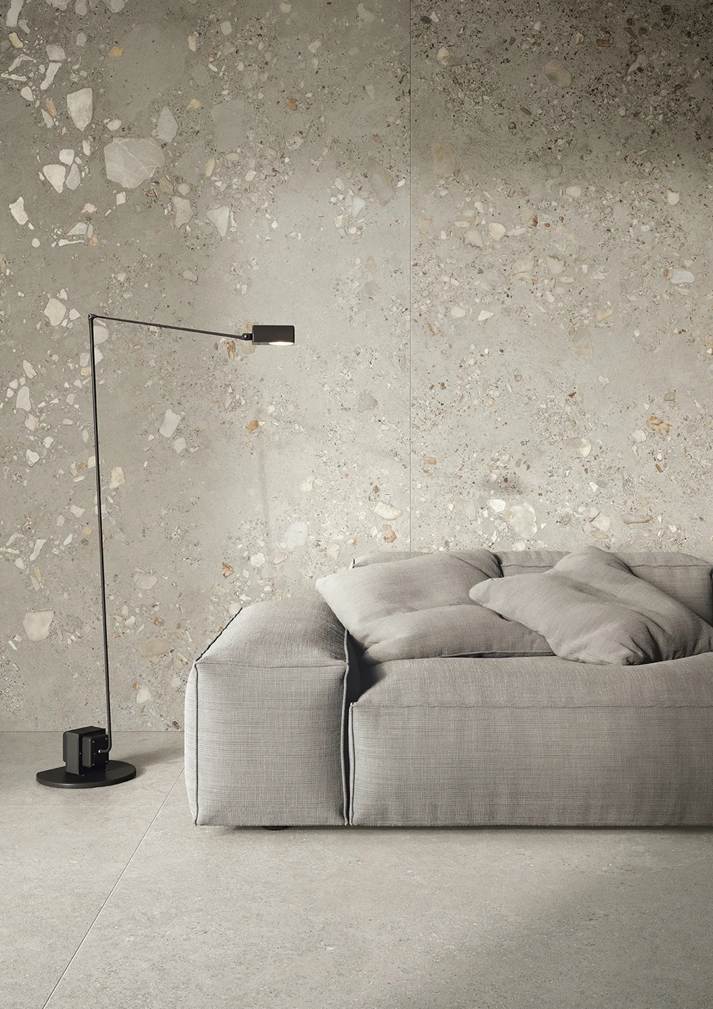 Tagina Riverstone – Tagina Riverstone Grey Rock 120x280 Grey Sand 120x120 living particolare